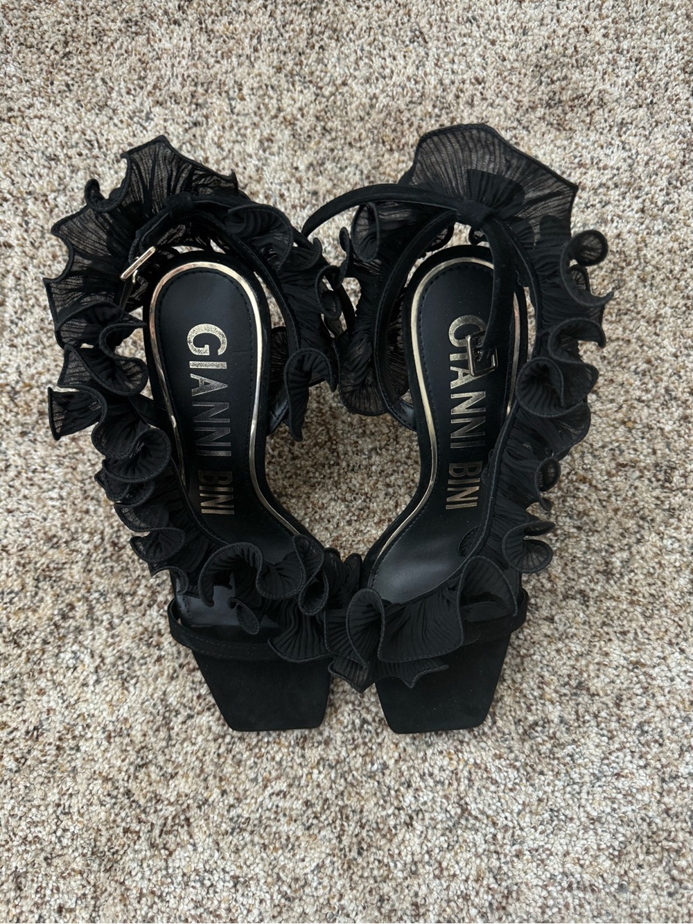 Gianni Bini Black Ruffle Open-Toe Slingback Heels